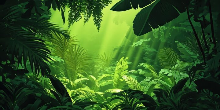 Lush green jungle scene with sunlight illuminating foliage and plants