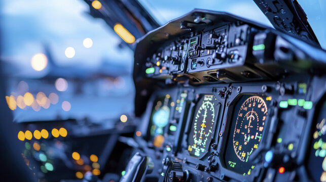 Close up view of aircraft cockpit with illuminated instruments and controls, showcasing advanced technology and design