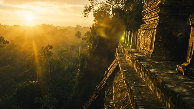 Ancient Mayan Ruins at Sunrise Offering Stunning Views of a Lush Jungle Landscape
