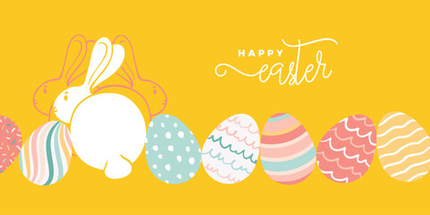 Yellow Easter banner design with hand drawn vector cute cartoon rabbit and minimalist decorated eggs. Happy Easter design for banners, social media, invitations, web and print.