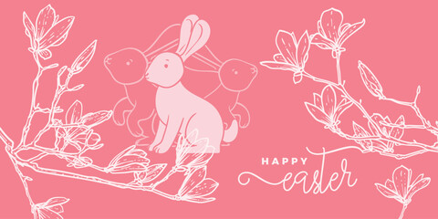 Red Coral Easter banner design with hand drawn vector cute rabbit and line art spring flower magnolia. Happy Easter design for banners, social media, invitations, web and print.