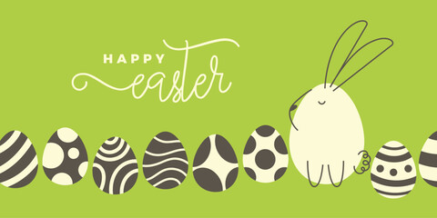 Green Easter banner design with hand drawn vector cute cartoon rabbit and minimalist decorated eggs. Happy Easter design for banners, social media, invitations, web and print.