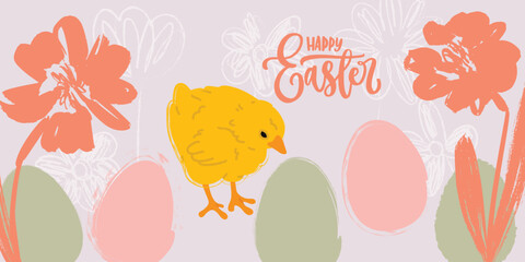 Pastel Easter banner design with hand drawn vector cute yellow chick, flower doodles and sketched eggs. Happy Easter design for banners, social media, invitations, web and print.