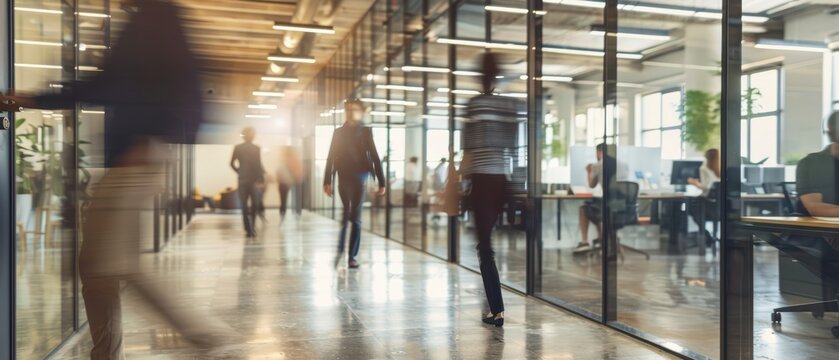Spacious office hallway with glass partitions, blurred figures walking, and employees working at desks. Bright lighting and reflections create a dynamic, modern workspace