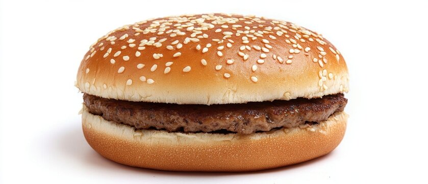 Delicious single hamburger with sesame seed bun on a white background perfect for food photography and culinary projects with a clean and simple presentation
