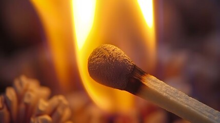Macro shot of a lit match. Detailed view of the flame and the match head.