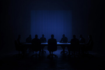 Boardroom Silhouette: A mysterious meeting unfolds, with silhouetted figures gathered around a long table, illuminated by a single light source, creating an atmosphere of suspense.