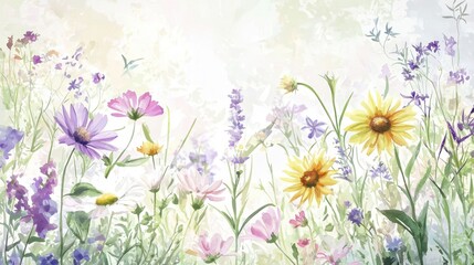 Vibrant wildflowers in various colors fill a sunlit meadow, showcasing the beauty of spring. Soft sunlight enhances the delicate petals and lush greenery