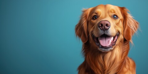 Golden retriever with bright eyes and happy expression on a solid blue background enjoying a moment of joy and playfulness