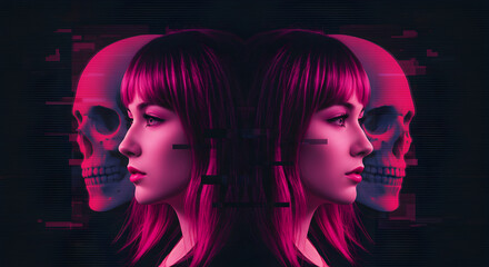 Fototapeta premium Double Exposure Mirror Image of a Cyberpunk Woman and Skull in Neon Pink and Glitch Effect Digital Art 
