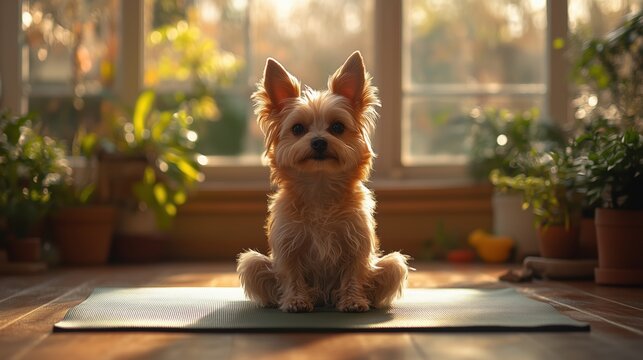 Real dog practicing yoga in a bright studio while performing the warrior 2 pose on a yoga mat, captured from the side view with a Sony A7iii camera
