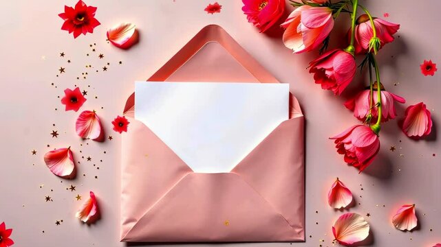 A partially opened pink envelope holds a blank sheet, surrounded by scattered flower petals in a delicate display