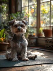 Dog practicing yoga in bright studio, showcasing warrior 2 pose with vibrant plants in the background