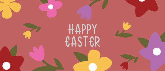 Trendy Easter banner design featuring vibrant typography, spring flowers. Perfect for a horizontal poster, greeting card, or website header.