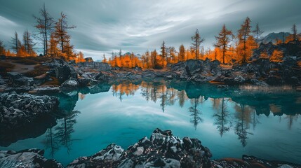 Naklejka premium Serene mountain lake reflects vivid autumn trees under a cloudy sky. Rocky foreground adds depth.