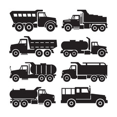 A collection of 10 clean, high-quality vector silhouette illustrations of different heavy trucks on a white background. 