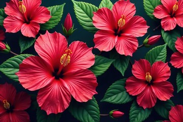 Obraz premium Bold, vibrant hibiscus blooms in a tropical, densely packed repeat , pattern, repeat