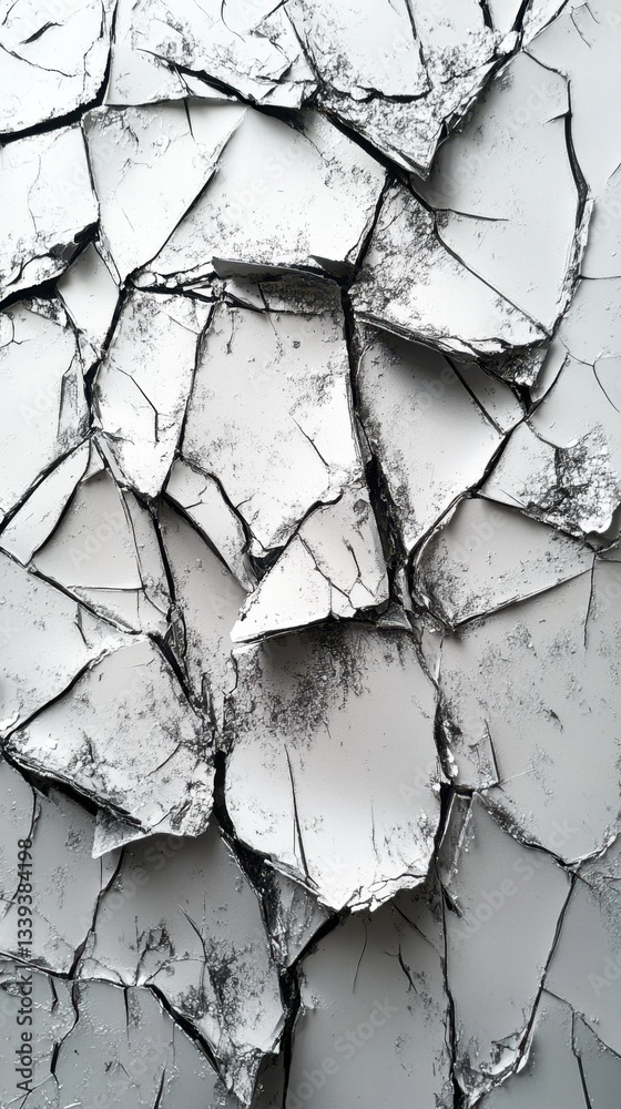 Poster abstract white fractured surface with sharp edges and dark cracks creating a dramatic and textured p