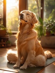 Dog practicing yoga in a bright studio during sunset, demonstrating the warrior 2 pose on a mat with a serene expression