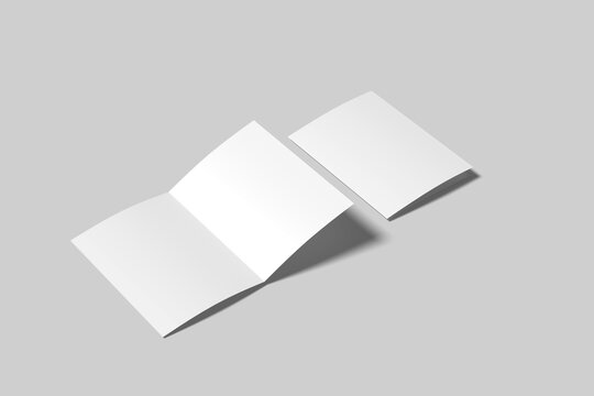 Blank folded flyer, booklet, postcard, business card or brochure mockup template on grey background