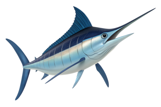A 3D animated  A unique overhead perspective of a marlin swimming straight toward the viewer, showcasing the streamlined shape of its dorsal fin, isolated on a transparent background