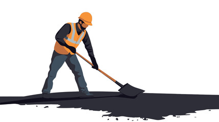 Vector illustration of a construction worker wearing a safety helmet and vest using a shovel to spread asphalt on a road surface. The worker is depicted from a three-quarter view, showing him in