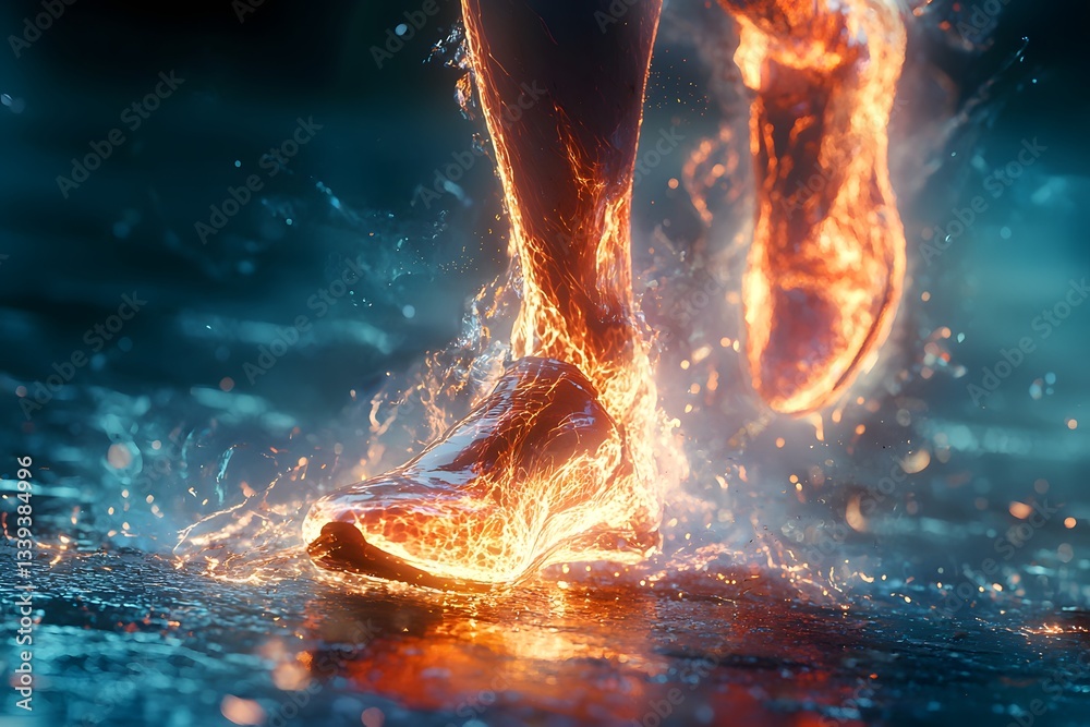 Poster fiery footsteps: bare feet ignite with flames as they stride confidently over wet pavement, embodyin