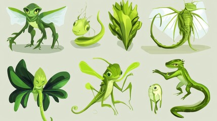 Several green fantastical creatures of varying forms are displayed here