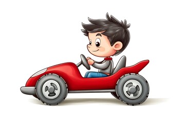 Happy boy driving red toy car, white background, playful illustration, children's book