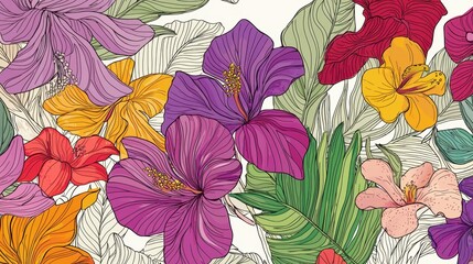 A collection of tropical flowers including hibiscus and orchids showcases vivid colors like purple, red, yellow, and orange against green leaves, creating a lively atmosphere