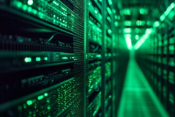 Obraz premium Illuminated Data Center with Rows of Servers in Green Light