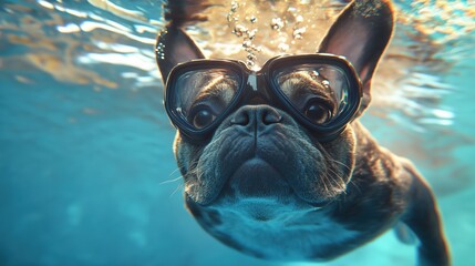 French bulldog wearing diving goggles swims happily underwater in a clear blue pool with vibrant colors and detailed fur texture