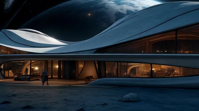 Futuristic lunar habitat with flowing architectural design on moon surface. Sleek space base with curved metallic exterior and illuminated glass windows against backdrop of Earth and starry sky