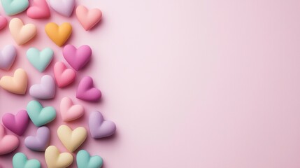 Colorful heart shapes scattered on a soft pink background create a cheerful and romantic atmosphere, perfect for Valentine's Day, weddings, or any affectionate-themed project,