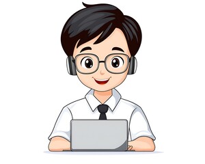Happy boy online learning, home, laptop, white background, education