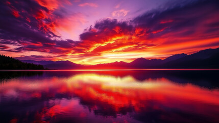 A vibrant sunset over a serene lake, where fiery red and deep purple clouds stretch across the sky, mirrored in the water below