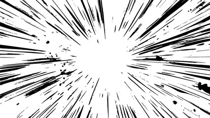 Bokeh black lines on white transparent background. Vector circular starburst explosion texture. Distressed uneven grunge background, cover template set with comic speed line effect.