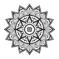 Black and white line drawing of a mandala. The mandala features an intricate design with multiple layers of symmetrical patterns that radiate from the center to the edges.