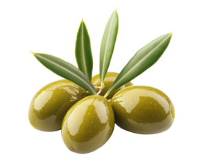 Green olives with leaves on transparent background