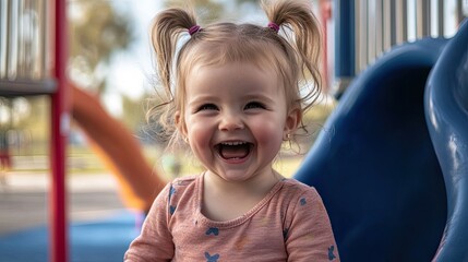 A spirited girl with pigtails explores a bustling outdoor playground, her joy evident as she interacts with the colorful surroundings