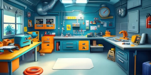 A clean and well organized cartoon workshop with various tools