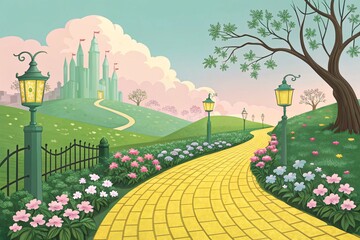 Enchanted Yellow Brick Road to the Magical Emerald City &ndash; Fantasy Springtime Illustration (PNG, Isolated