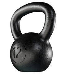 Kettlebell fitness weight, 12 kg heavy cast iron powerlifting equipment, painted black, isolated on white background. 3D illustration