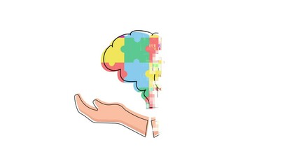 hand holding autism brain motion animation, hand with puzzle brain art digital,  brain symbol, Neurodiversity Celebration Month, world autism Awareness day, Minds Awareness, Global Autism Advocacy Wee