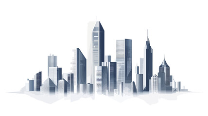 A vector illustration depicting a stylized modern city skyline. The image features numerous skyscrapers of varying heights and designs, rendered in shades of gray and blue against a white