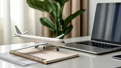 Model airplane on a desk beside a laptop with a notebook and plant in a well-lit office space during the day