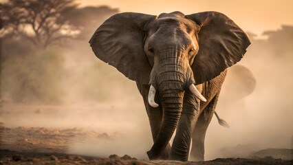 Obraz premium Majestic Elephant in the African Savanna at Sunset