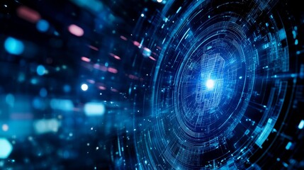 Abstract digital technology background featuring glowing blue circles and lines in motion