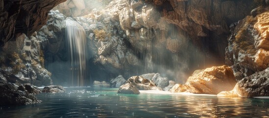 Sunlit Cave Waterfall Pool Scene