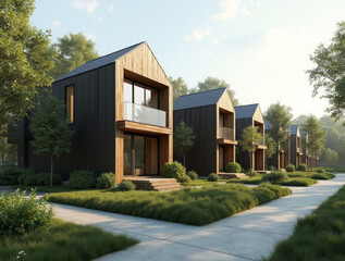 Row of Modern Eco-Friendly Modular Homes Featuring a Minimalist Design with a Mix of Wooden and Dark Materials